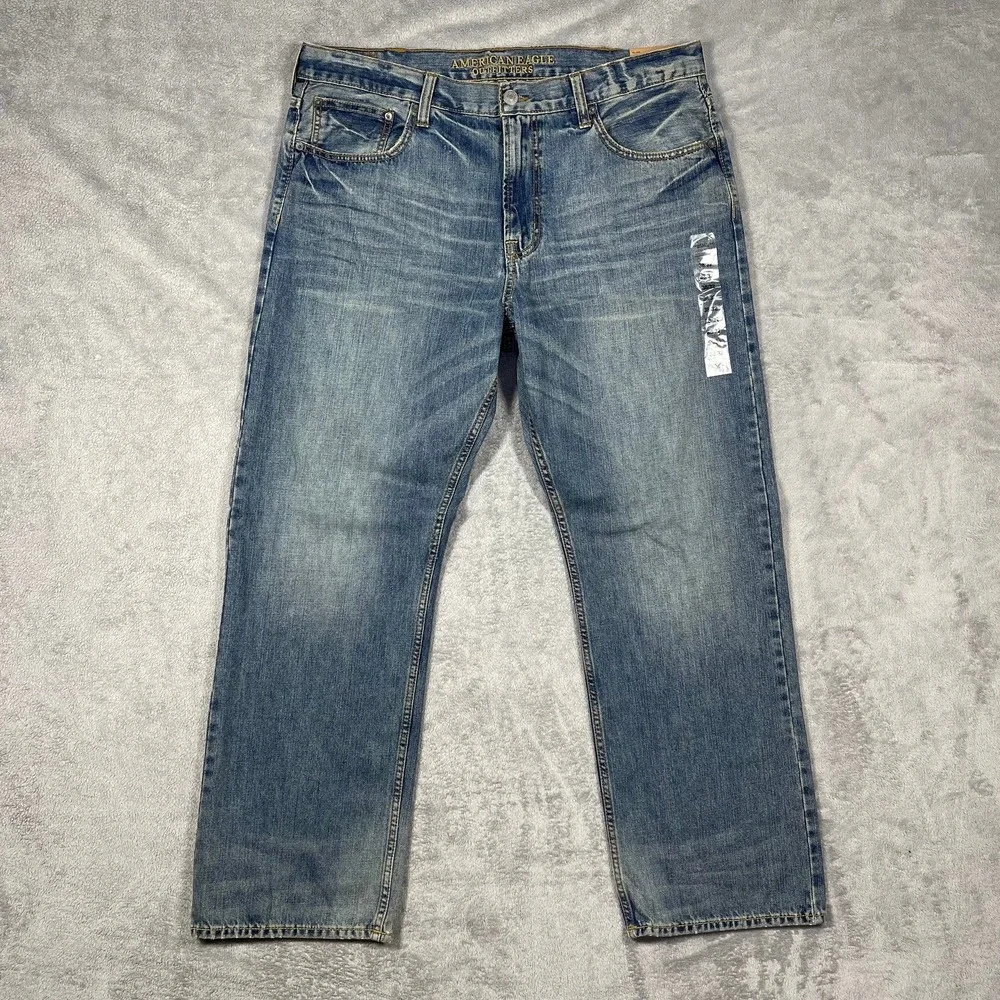 American Eagle Loose‎ Jeans Men 38x32 Blue Medium Wash Whiskered Denim NEW